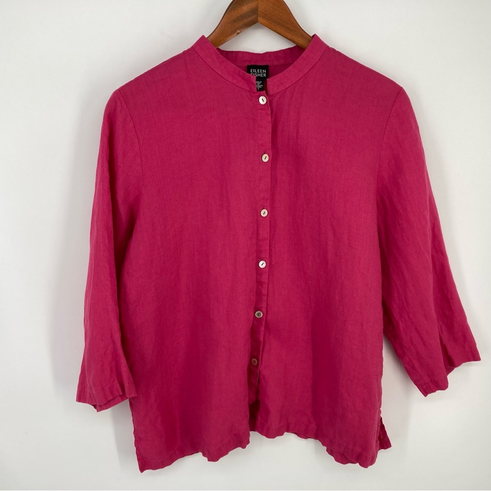 Eileen Fisher Women's Size Large Blouse, 3/4 Sleeve Irish Linen Button Down Pink
